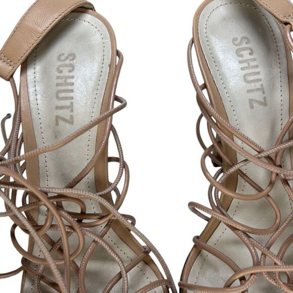 Schutz, “Heyde” Leather Sandal, Lace-Up, Stilleto Heel, Square Toe - Size 8, Tan - Picture 15 of 16